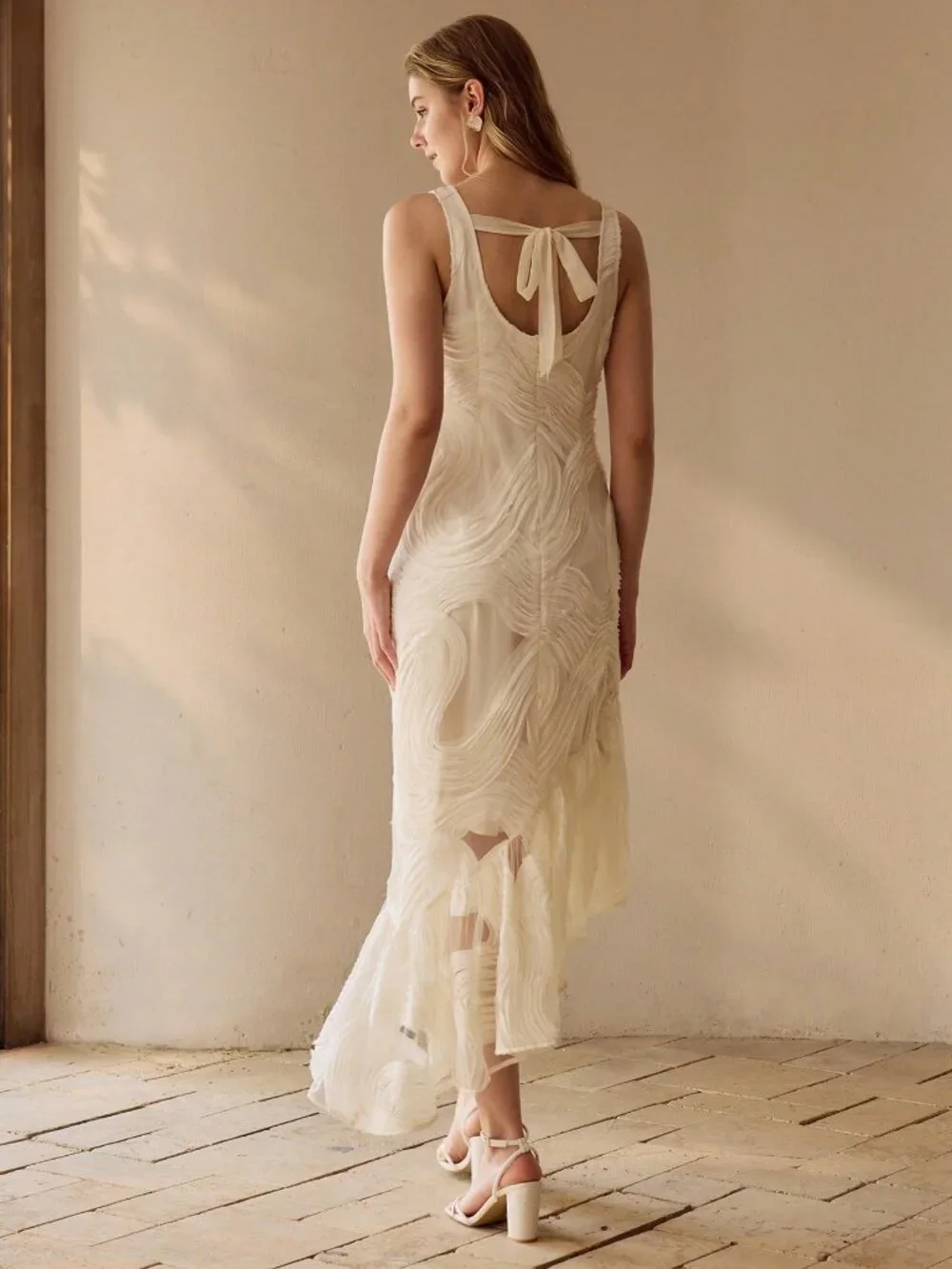 Apricot Elegant Asymmetrical Ruffle Hem Tie-Back Cinched Waist Women's Dress - Picture 2 of 7